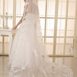 EllieHouse Women's Wedding Veils 1 Tier White Ivory 3M/4M/5M Lace Long Train Bridal Veil With Comb Ivory 3M