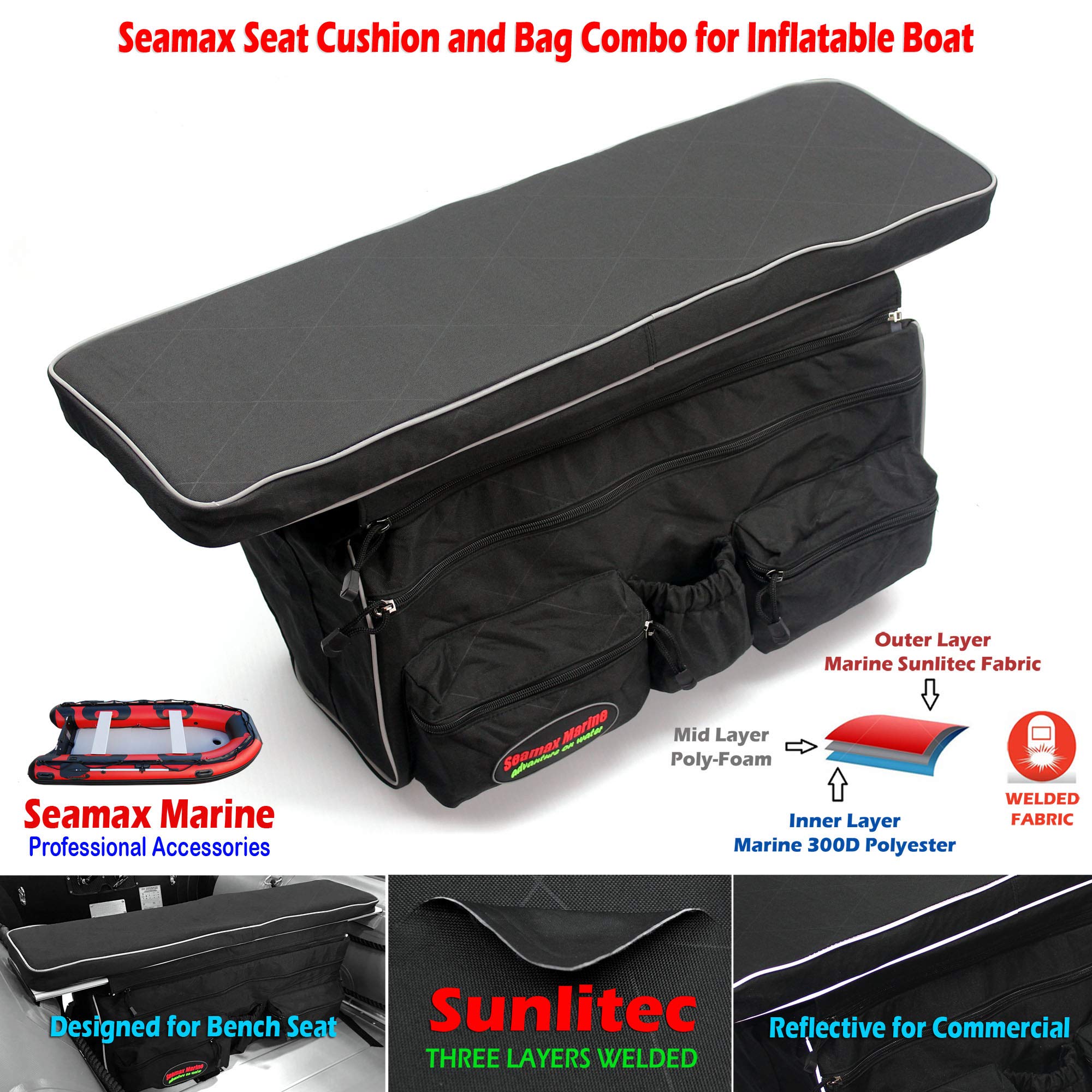 Seamax Universal Inflatable Boat Bench Seat Cushion and Detachable Seat Bag with Sunlitec 3-Layers Fabric and Reflective Edges (Size B - 34" for 270-330 Boats)