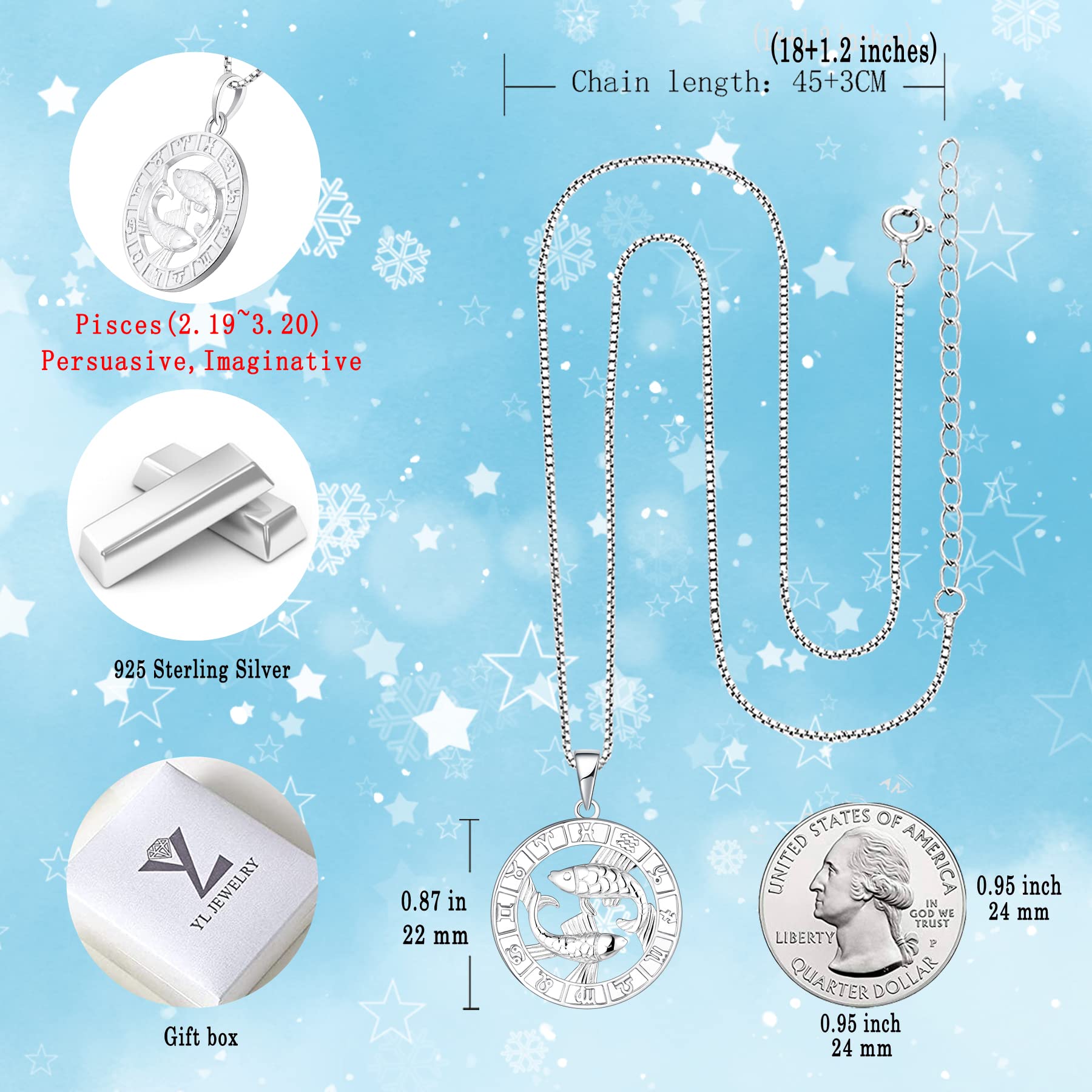 YL Pisces Constellation Necklace Sterling Silver Zodiac Jewelry Astrology Coin Horoscope Pendant for Women