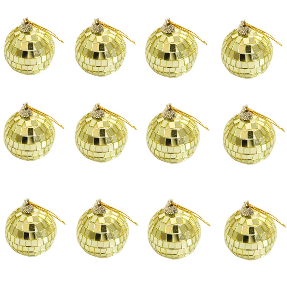 12 pcs 2-inch Mirror Disco Ball Decoration,Christmas Tree Wedding Birthday Party Accessories Disco Decorative Mirror Ball (Gold)