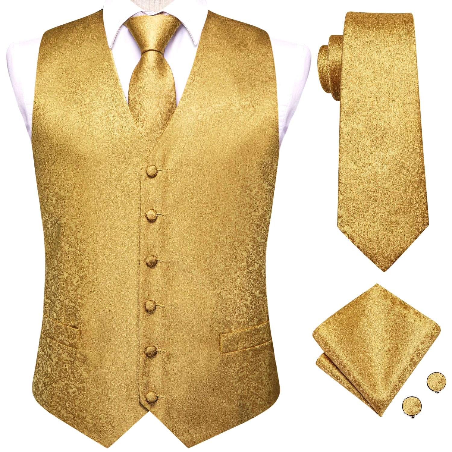 Dubulle Mens Suit Vest and Tie Set Paisley Floral Waistcoats for Men with Necktie Pocket Square Cufflinks Tuxedo Wedding,Gold,Large