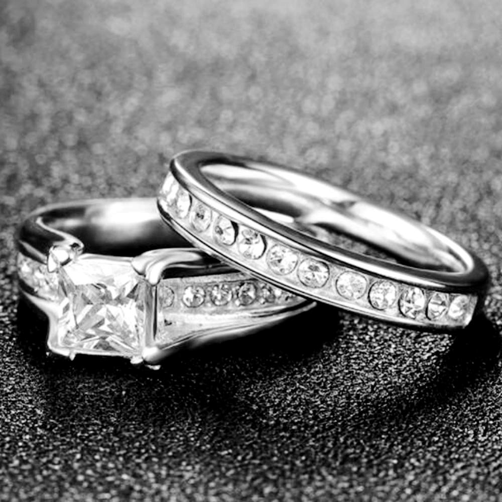 Stainless Steel Princess Cut Wedding Engagement Anniversary Statement Bridal Halo Ring Set (Silver, 8.5)