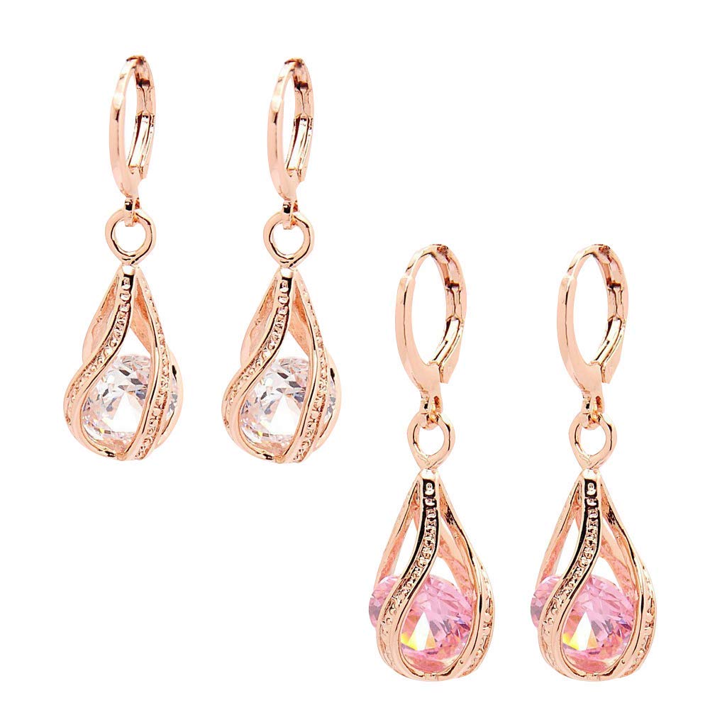 Comelyjewel Women's Earring with Hollow Design,Women Fashion Cubic Zirconia Water Drop Dangle Leaverback Earrings Jewelry Gift - Pink