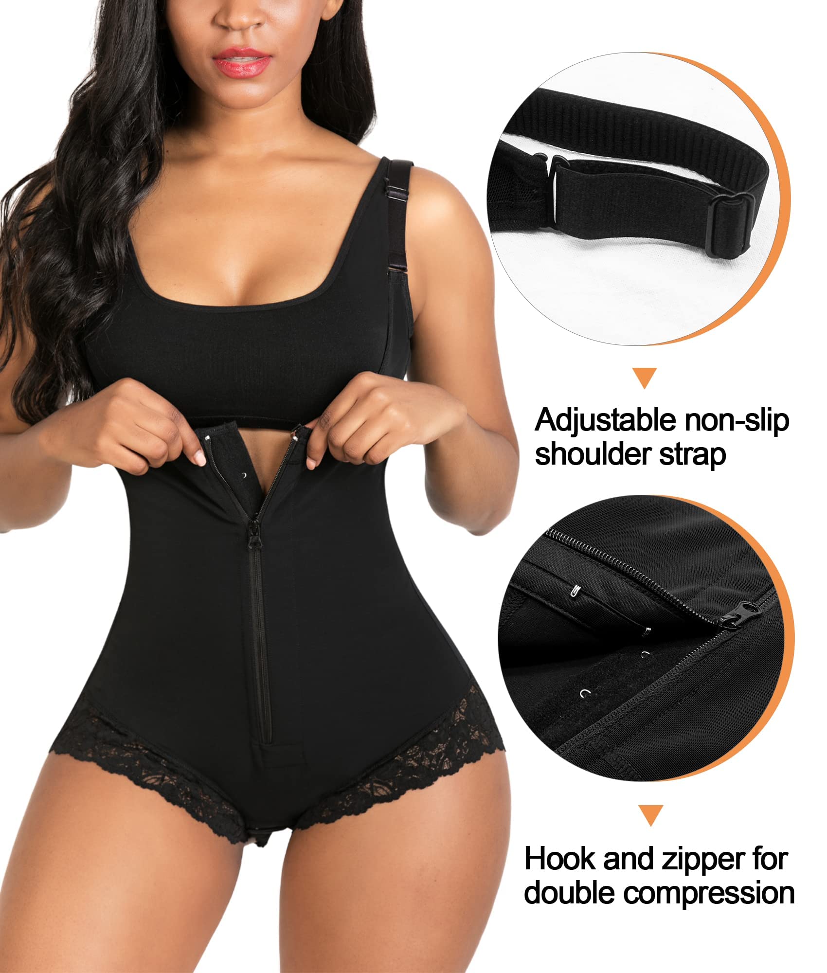 SHAPERX Women Shapewear tummy control Fajas Colombianas Body Shaper Zipper Open Bust Bodysuit,SZ7200-Black-L