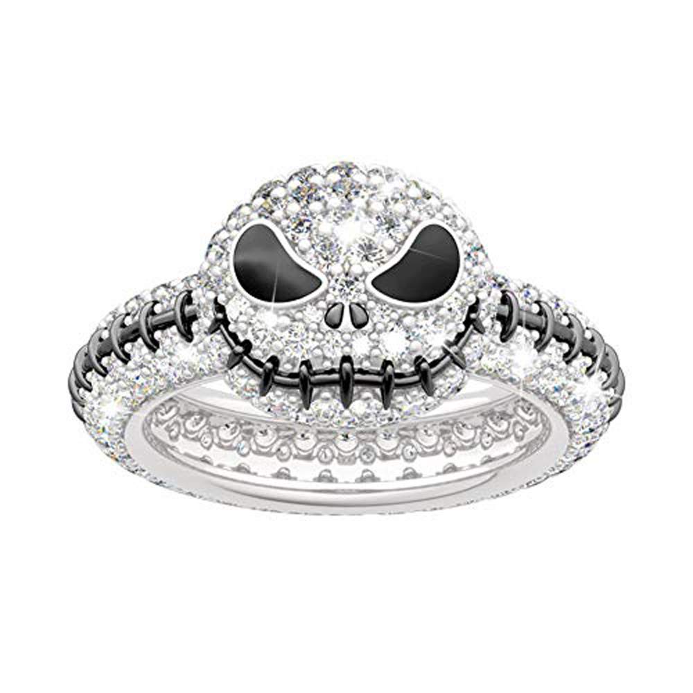 JEULIA "Pumpkin King Jack Skull Women Rings 925 Sterling Silver Skull Diamond Ring Bridal Set Wedding Engagement Anniversary Promise (7.0(U.S))