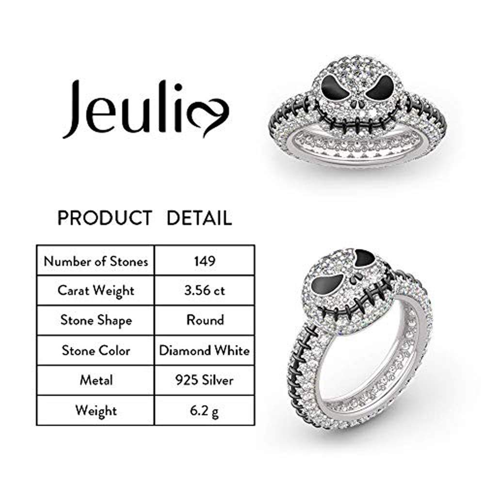 JEULIA "Pumpkin King Jack Skull Women Rings 925 Sterling Silver Skull Diamond Ring Bridal Set Wedding Engagement Anniversary Promise (7.0(U.S))