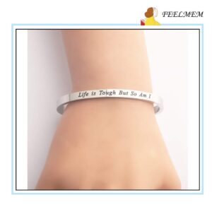 FEELMEM Depression Awareness Recovery Gift Life Is Tough But So Am I Keychain Prevention Awareness Mental Health Awareness Jewelry Inspirational Gifts For Family Best Friend (cuff - silver)