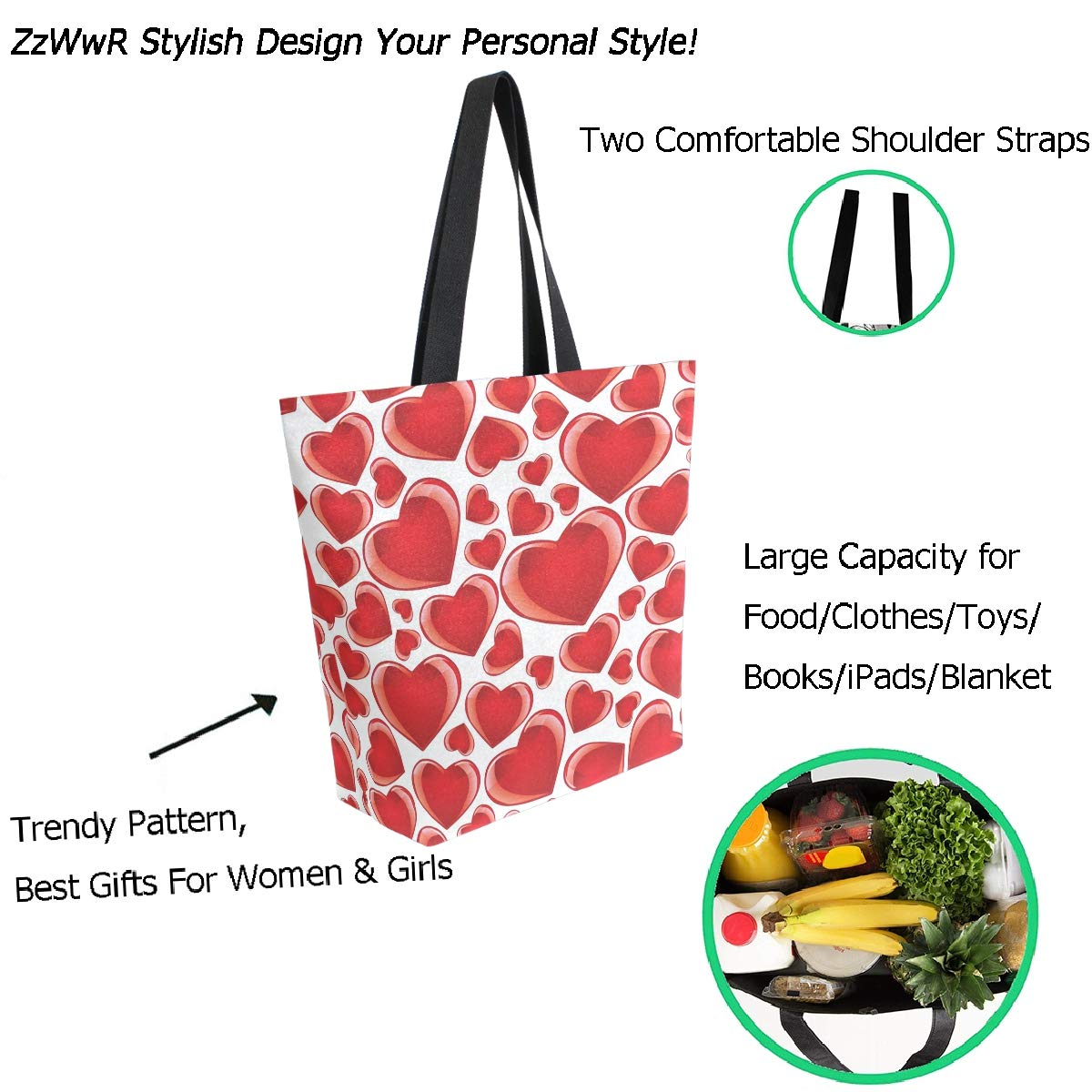 ZzWwR Sweet Cute Hearts Pattern Extra Large Canvas Shoulder Tote Top Handle Bag for Gym Beach Travel Shopping