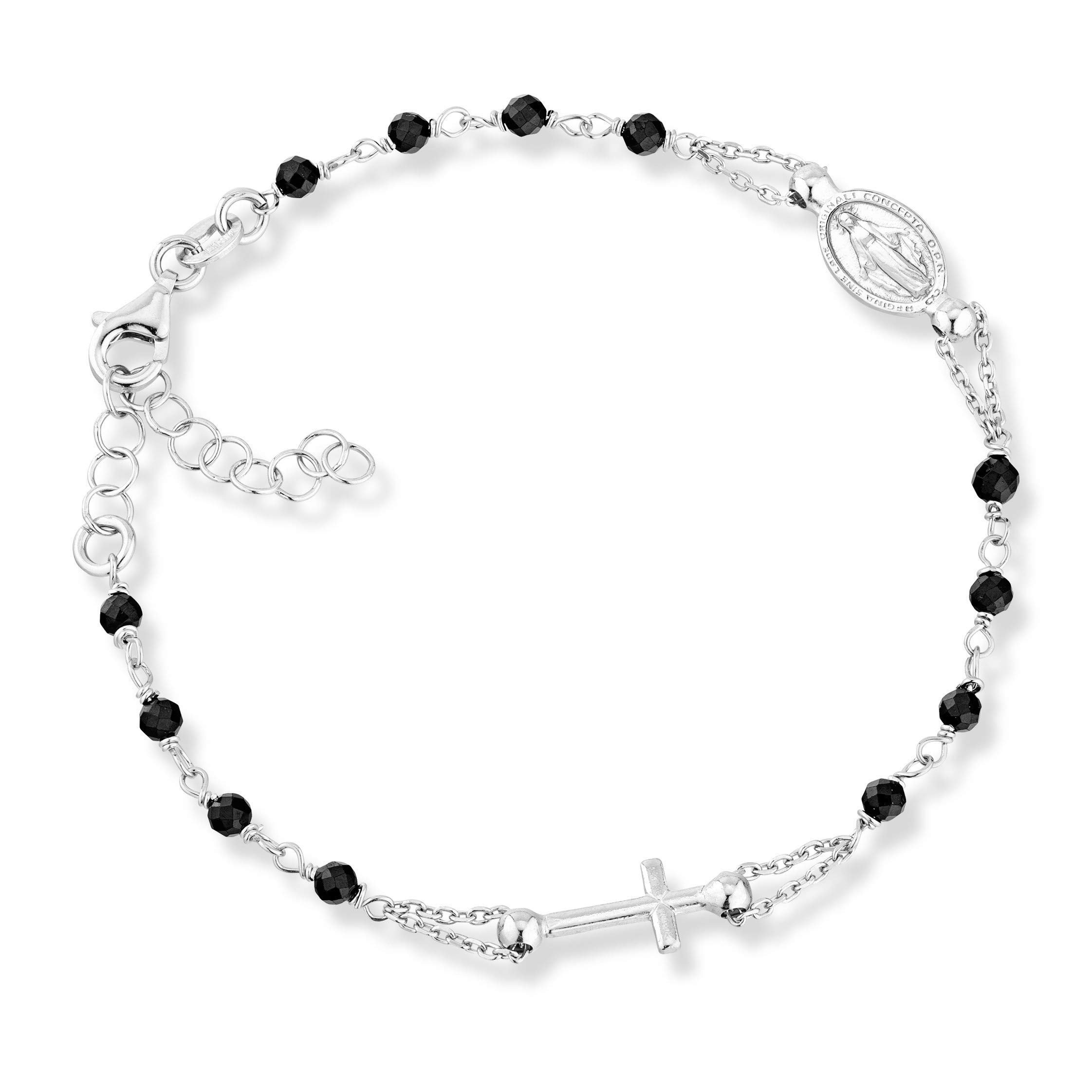 Miabella 925 Sterling Silver Italian Natural Black Spinel Rosary Cross Charm Bead Bracelet for Women, Adjustable Link Chain, Handmade in Italy (Length 6 to 7 Inch)