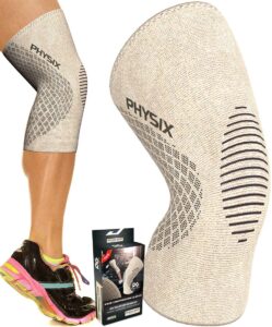 physix gear knee support brace - premium recovery & compression sleeve for meniscus tear, acl, mcl running & arthritis - best neoprene stabilizer wrap for crossfit, squats & workouts (single beige l)