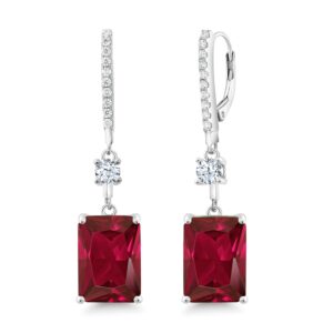 Gem Stone King 925 Sterling Silver Red Created Ruby Dangle Earrings For Women (10.30 Cttw, Emerald Cut 14X10MM)