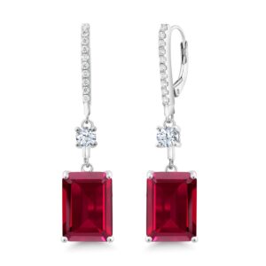 Gem Stone King 925 Sterling Silver Red Created Ruby Dangle Earrings For Women (10.30 Cttw, Emerald Cut 14X10MM)