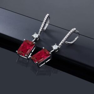 Gem Stone King 925 Sterling Silver Red Created Ruby Dangle Earrings For Women (10.30 Cttw, Emerald Cut 14X10MM)