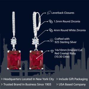 Gem Stone King 925 Sterling Silver Red Created Ruby Dangle Earrings For Women (10.30 Cttw, Emerald Cut 14X10MM)