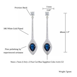 RIZILIA Dangle Drop Pierced Earrings with Pear Cut CZ [Simulated Blue Sapphire] in White Gold Plated, Simple Modern Elegant