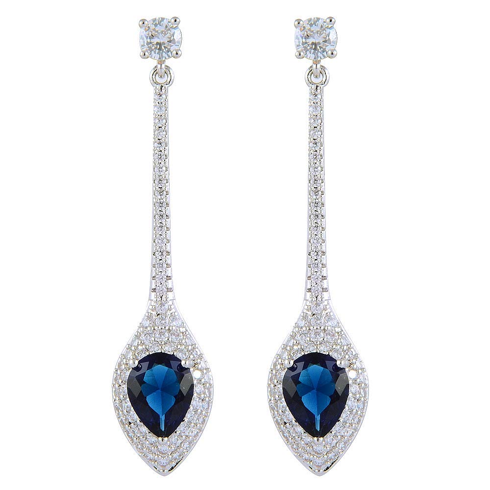 RIZILIA Dangle Drop Pierced Earrings with Pear Cut CZ [Simulated Blue Sapphire] in White Gold Plated, Simple Modern Elegant