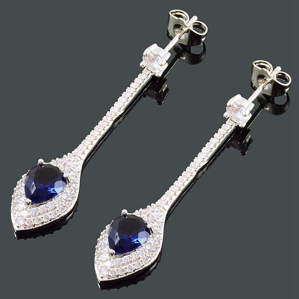 RIZILIA Dangle Drop Pierced Earrings with Pear Cut CZ [Simulated Blue Sapphire] in White Gold Plated, Simple Modern Elegant