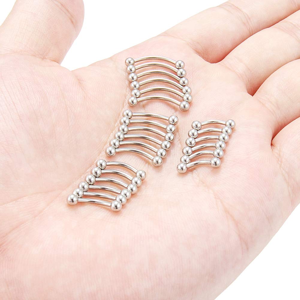 Hoeudjo Eyebrow Piercing Jewelry 16G Surgical Steel Curved Barbell with Ball Kit Tragus Ring Piercings Jewelry 24Pcs 6mm 8mm 10mm 12mm Silver-Tone