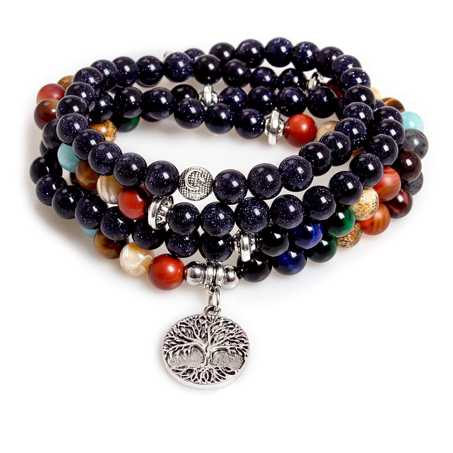 PWMENLK 108 Mala Beads Meditation Necklace 7 Chakra Buddhist Prayer Beaded Bracelet Tree of Life Pendant Necklace Healing Stone Yoga Necklace Women Men Bracelets(solar system)