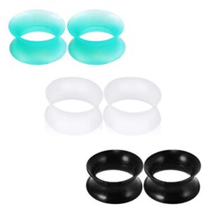 Longbeauty 3 Pairs Black/Luminous/Turquoise Thin Silicone Double Flared Flexible Tunnels Ear Skin Stretcher Plugs Gauges Kit Piercing