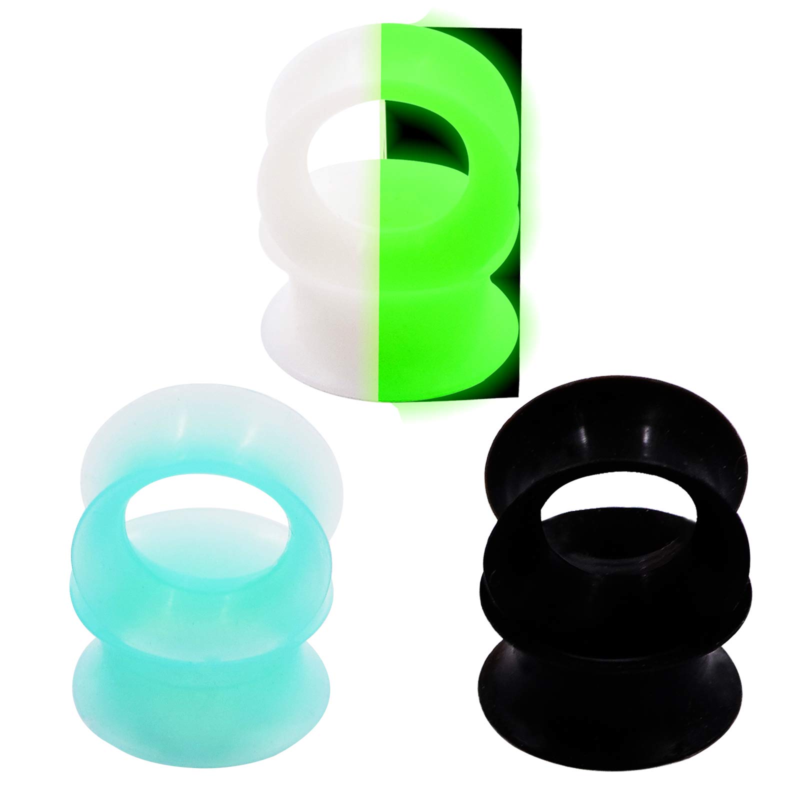 Longbeauty 3 Pairs Black/Luminous/Turquoise Thin Silicone Double Flared Flexible Tunnels Ear Skin Stretcher Plugs Gauges Kit Piercing