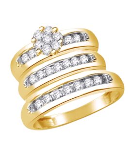 affy 3/4 cttw white natural diamond engagement & wedding trio band ring set in 14k yellow gold over sterling silver (0.75 carat)