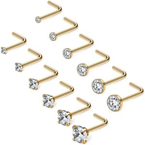 ruifan 12pcs 20g 316l surgical steel 1.5mm 2mm 2.5mm 3mm 3.5mm 4mm clear round diamond cubic zirconia crystal nose l shaped studs rings piercing jewelry - gold