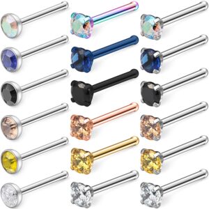 ruifan 18pcs 22g surgical steel mix color diamond cz nose stud rings bone pin piercing jewelry 1.5mm