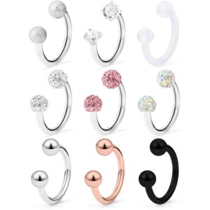 hoeudjo 9pcs 16g surgical steel lip hoop ring crystal cubic horseshoe barbell tragus cartilage earring helix daith septum hoop piercing body piercing jewelry retainer for women men 10mm silver-tone