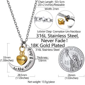 Richsteel Gold I love You to the moon Back Urn Necklace for Ashes Stainless Steel Moon Heart Pendant & Rolo Chain 20'' Memorial Cremation Jewelry with Gift Box