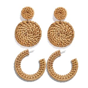 Rattan Earrings Statement Hoop Earrings for Women Straw Earrings Woven Dangle Drop Earrings (Rattan Earrings Set)