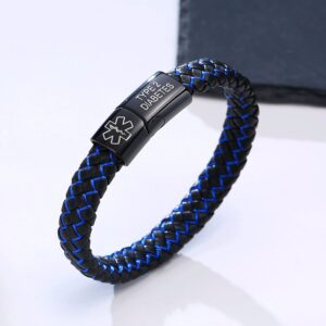 VNOX Blue TYPE 1 DIABETES Braided Leather Medical Symbol Caduceus with Stainless Steel Cuff Wristband Bracelet,8.5 Inches