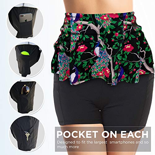 XrSzChic Womens Tennis Golf Skirt Athletic Exercise Printed Skorts Short Pocket Black Peacock, Large