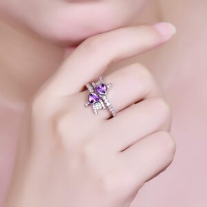 Emsione 925 Sterling Silver Plated Created Amethyst 2 Heart CZ Cut Whit Rock Hands Eternity Ring Anniversary Wedding Engagement Band Ring Size 9 Color Purple