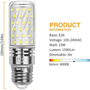 BHCH E26 LED Corn Bulbs 15W,6000K Daylight White,1500LM,Edison Screw Bulbs,120W Incandescent Bulbs Equivalent,Pack of 4