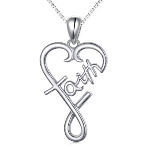 DAOCHONG S925 Sterling Silver Word Calligraphy Jewelry Faith Inspirational Message Charm Love Heart Pendant Necklace For Women Men,18 inches