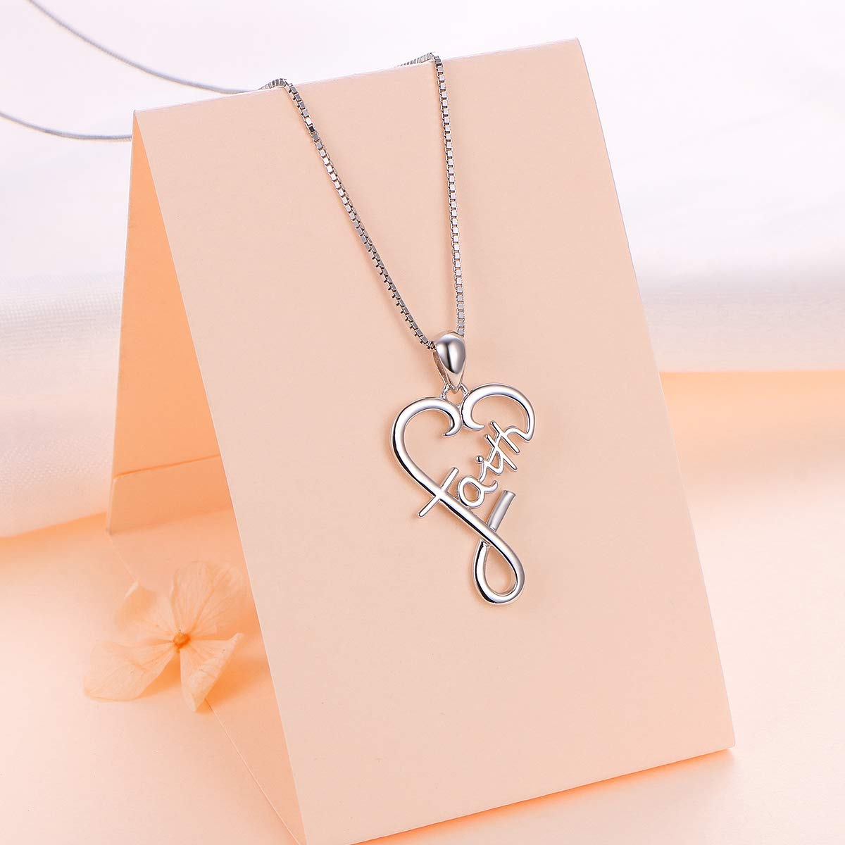 DAOCHONG S925 Sterling Silver Word Calligraphy Jewelry Faith Inspirational Message Charm Love Heart Pendant Necklace For Women Men,18 inches