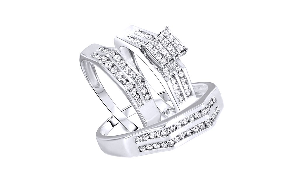 AFFY White Natural Diamond Engagement & Wedding Trio Bridal Ring Set in 10K Solid White Gold (1 Carat, I-J Color, I2-I3 Clarity)