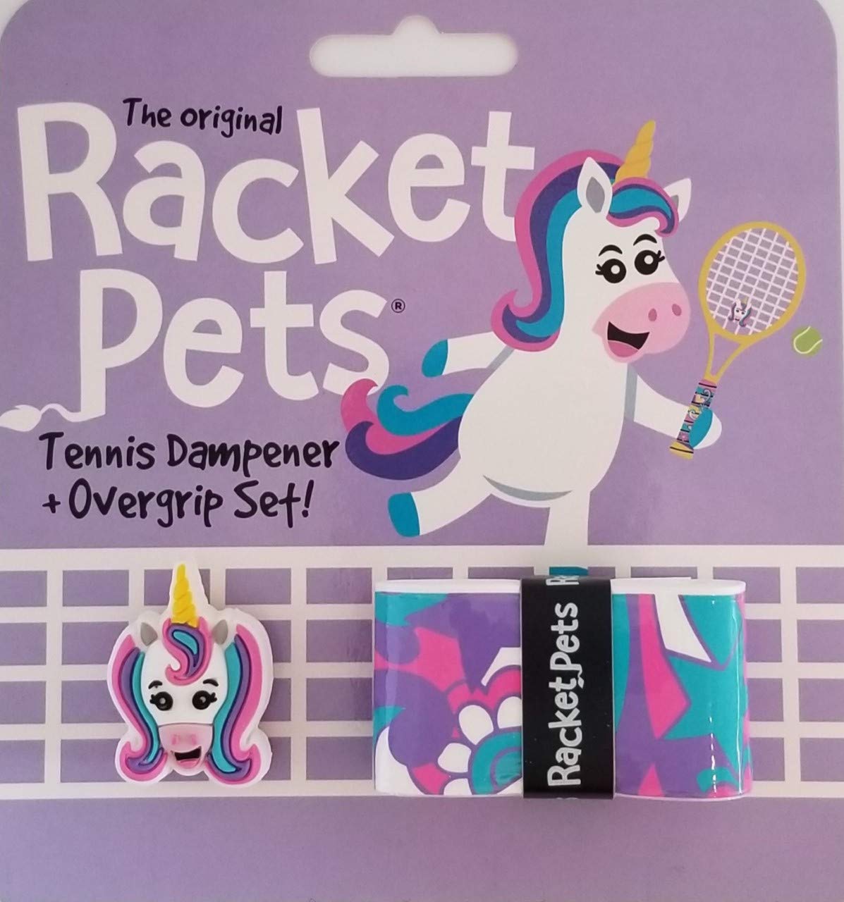 Racket Pets Kids Tennis Racket Dampener & Matching Overgrip Tape, Performance Shock Absorbing Dampener for Tennis Racket & Fun Animal Print Tennis Wrap Grip Tape (Unicorn)