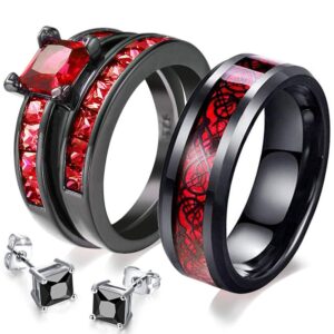 xahh his and hers couples matching rings women's 2pc black gold filled red cz engagement ring bridal sets men's titanium steel wedding band size 6 11