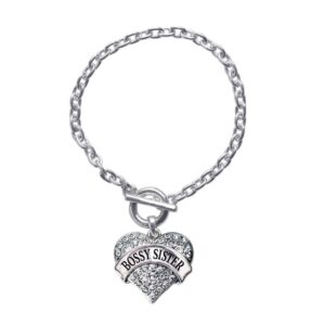 inspired silver - bossy sister toggle charm bracelet for women - silver pave heart charm toggle bracelet with cubic zirconia jewelry