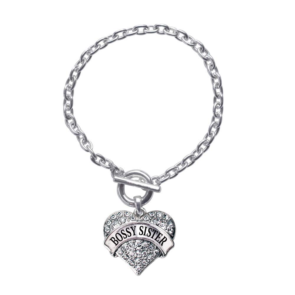 Inspired Silver - Bossy Sister Toggle Charm Bracelet for Women - Silver Pave Heart Charm Toggle Bracelet with Cubic Zirconia Jewelry