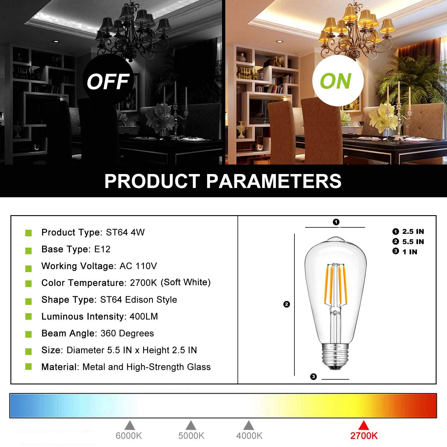 AOMRYOM Dimmable 4W LED Edison Bulbs 40W Incandescent Equivalent 2700K Soft White, E26 Base LED Filament Light Bulb, ST21 / ST64 Antique Edison Style Clear Glass Cover, Pack of 6