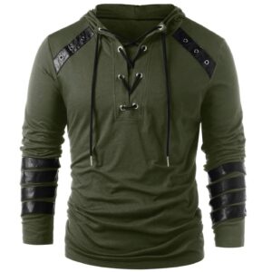 Men's Gothic Steampunk Shirts Sweatshirt Lace Up Long Sleeve Pullover Hooded Tee Tops Green