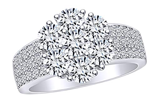 AFFY 2 Carat (Cttw) Round Shape White Natural Diamond Cluster Engagement Wedding Ring in 14k Solid White Gold Ring Size-8.5