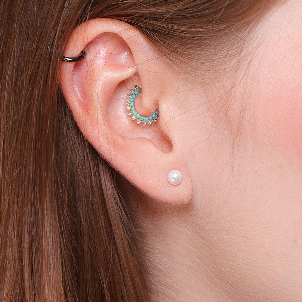 Covet Jewelry Turquoise and CZ Double Lined Bendable Hoops for Ear Cartilage, Daith, Nose Septum and More (16 GA, Length: 8mm, Platinum)