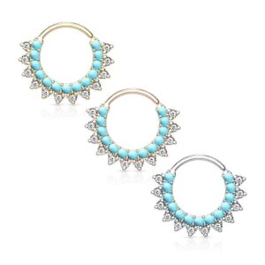 Covet Jewelry Turquoise and CZ Double Lined Bendable Hoops for Ear Cartilage, Daith, Nose Septum and More (16 GA, Length: 8mm, Platinum)