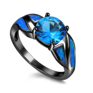 UFOORO Black Rhodium Plated Blue Opal infinity Ring Sky Blue Cubic Zircon Engagement Rings For women Size 6