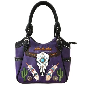 zelris longhorn skull embroidered feather cactus design conceal carry women tote purse handbag (purple)