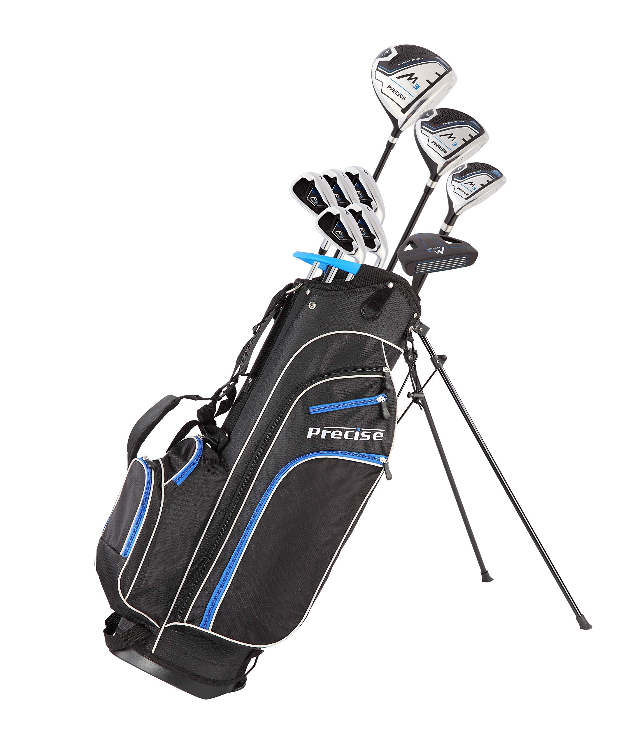 Precise M3 Men's Complete Golf Clubs Package Set Includes Driver, Fairway, Hybrid, 6-PW, Putter, Stand Bag, 3 H/C's - Right Handed - Regular or Tall Size (Blue - Tall Size +1", Right Handed)